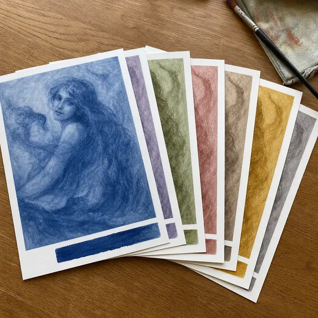 Guide showing the same portrait painted in twelve different single colors