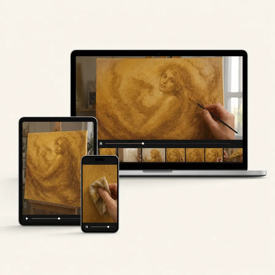 Course mockup showing the Dreamy One-Color Oil Portrait Course on multiple devices