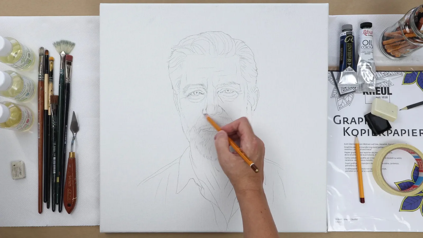 Transferring the drawing onto the canvas